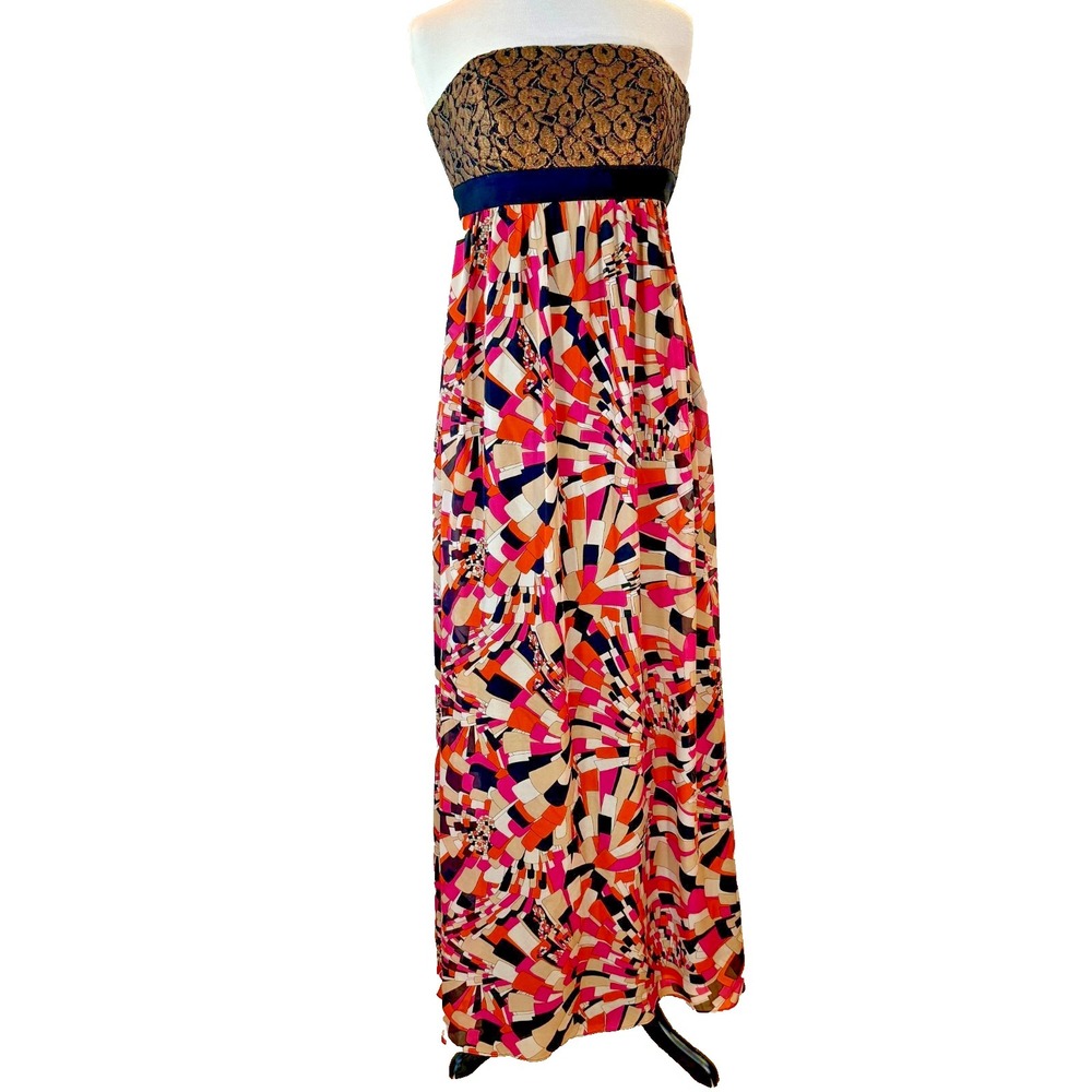 Rare Trina Turk Strapless Silk Chiffon Geometric Maxi Cocktail Dress Sz 6
